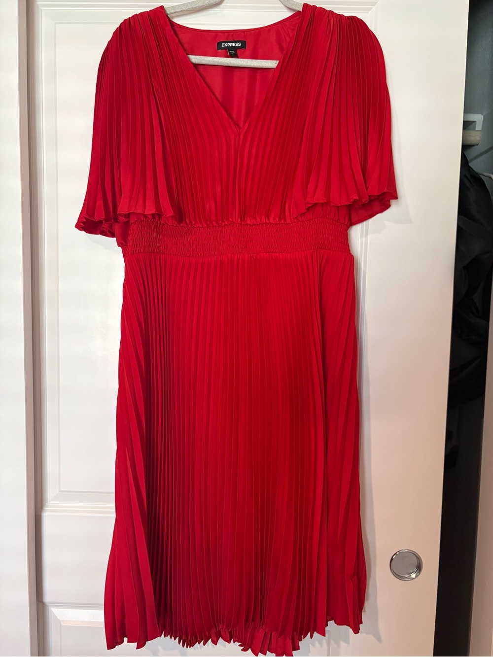 Express Red Pleated V-Neck Midi Dress with Flutter Sleeves